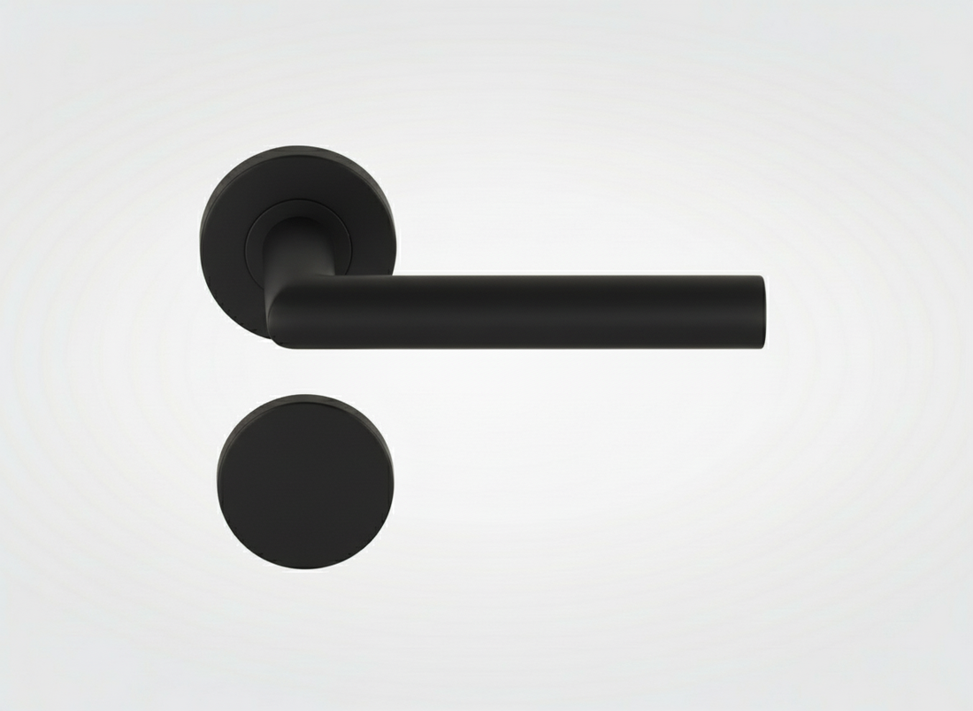 Matte black door handle with closed PC rosette