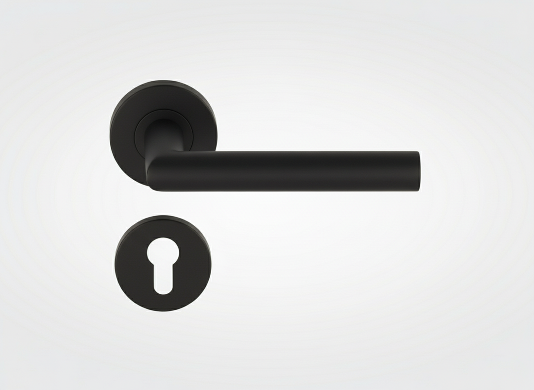Matte black door handle with PC rosette