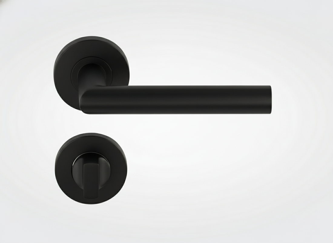 Matte black door handle with privacy indicator rosette