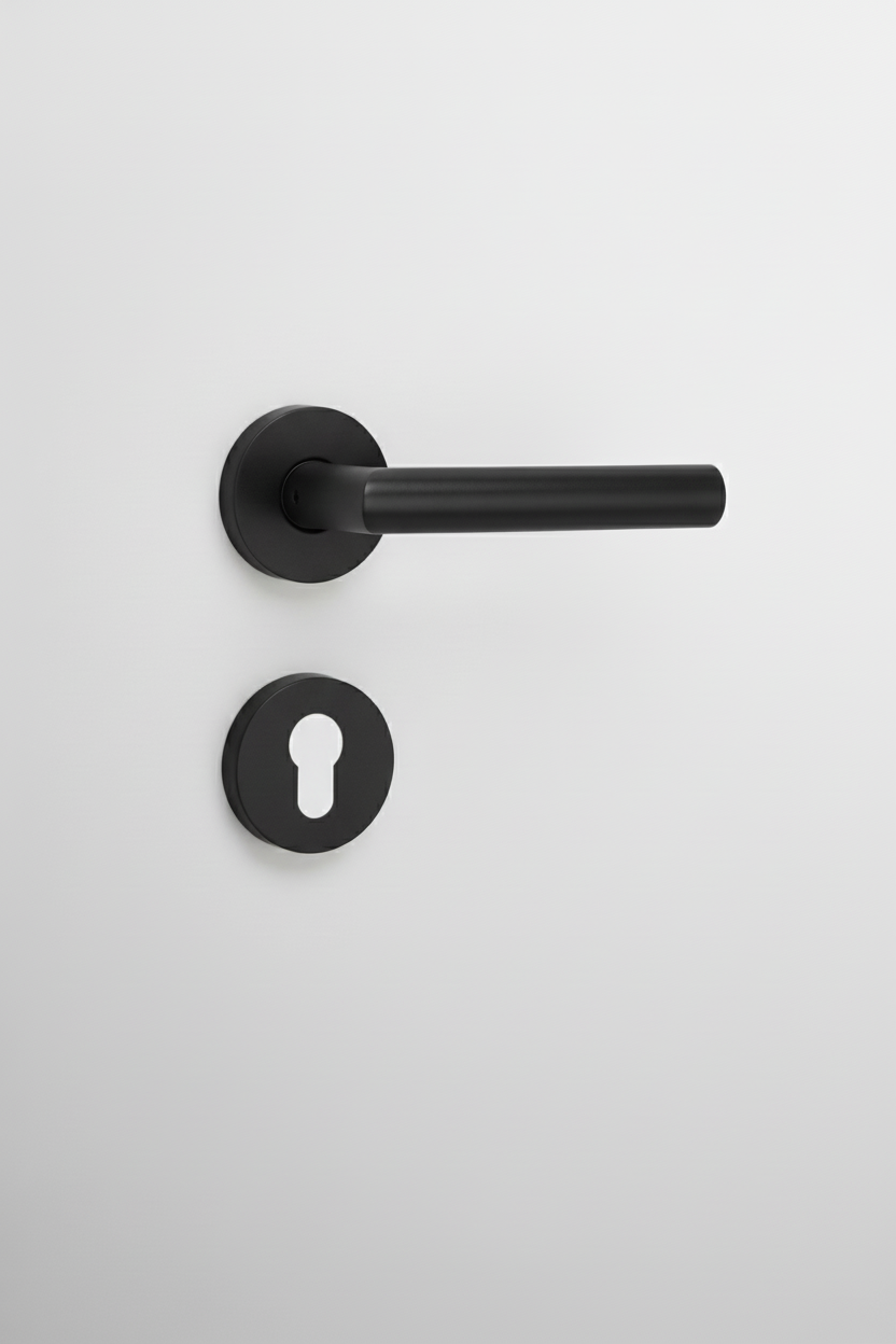 Zwarte deurkruk met open cilinder rozet